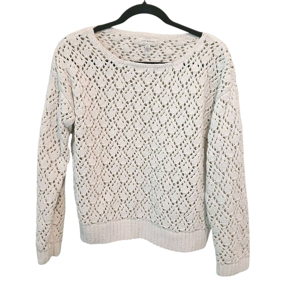 Lucky Brand White Open Knit Sweater Womens Small Pointelle Crochet Boho Pullover